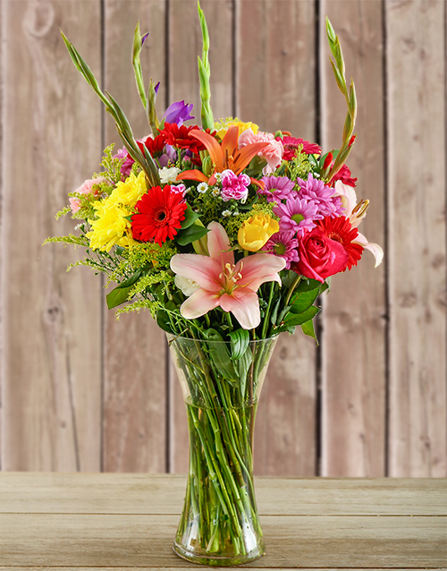 Mother's Day Glass Vase of Colourful Flowers