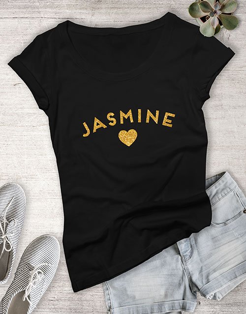 clothing Personalised Gold Name With Heart Ladies T Shirt