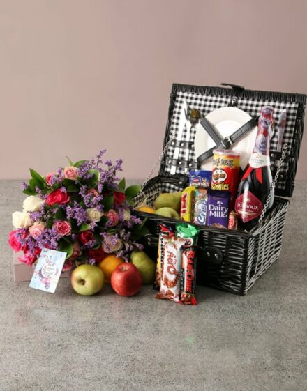 Traditional Fruit Picnic Basket and Bouquet