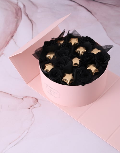 Preserved Black Roses In Pink Box